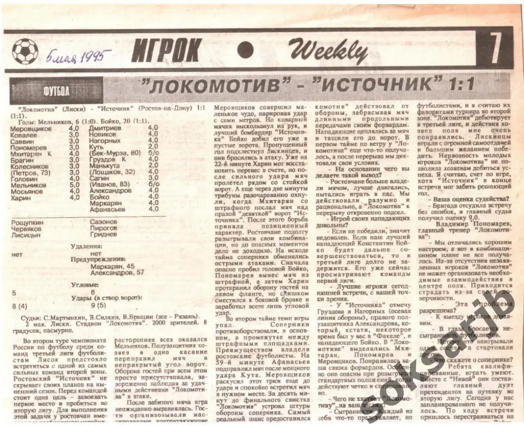 1995. Газетный отчет. Локомотив Лиски - Источник Ростов-на-Дону.