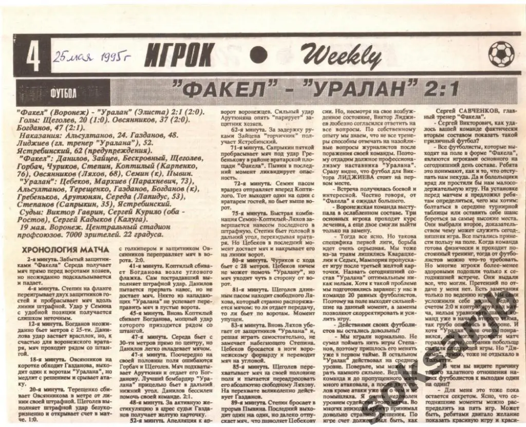 1995. Газетный отчет. Факел Воронеж - Уралан Элиста.