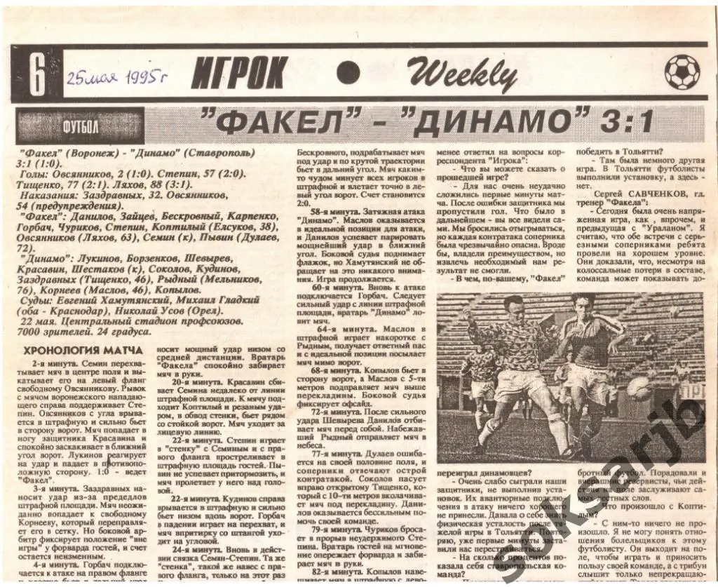 1995. Газетный отчет. Факел Воронеж - Динамо Ставрополь.