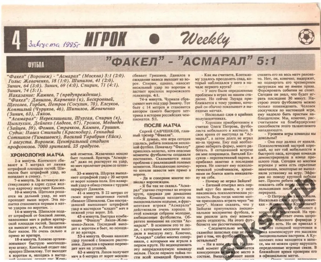 1995. Газетный отчет. Факел Воронеж - Асмарал Москва.