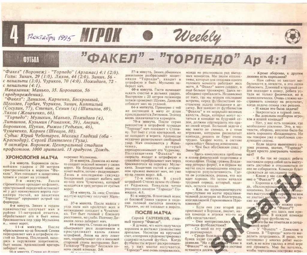 1995. Газетный отчет. Факел Воронеж - Торпедо Арзамас.