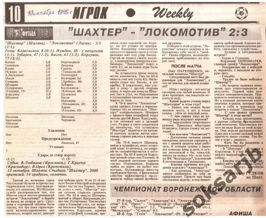 1995. Газетный отчет. Шахтер Шахты - Локомотив Лиски.