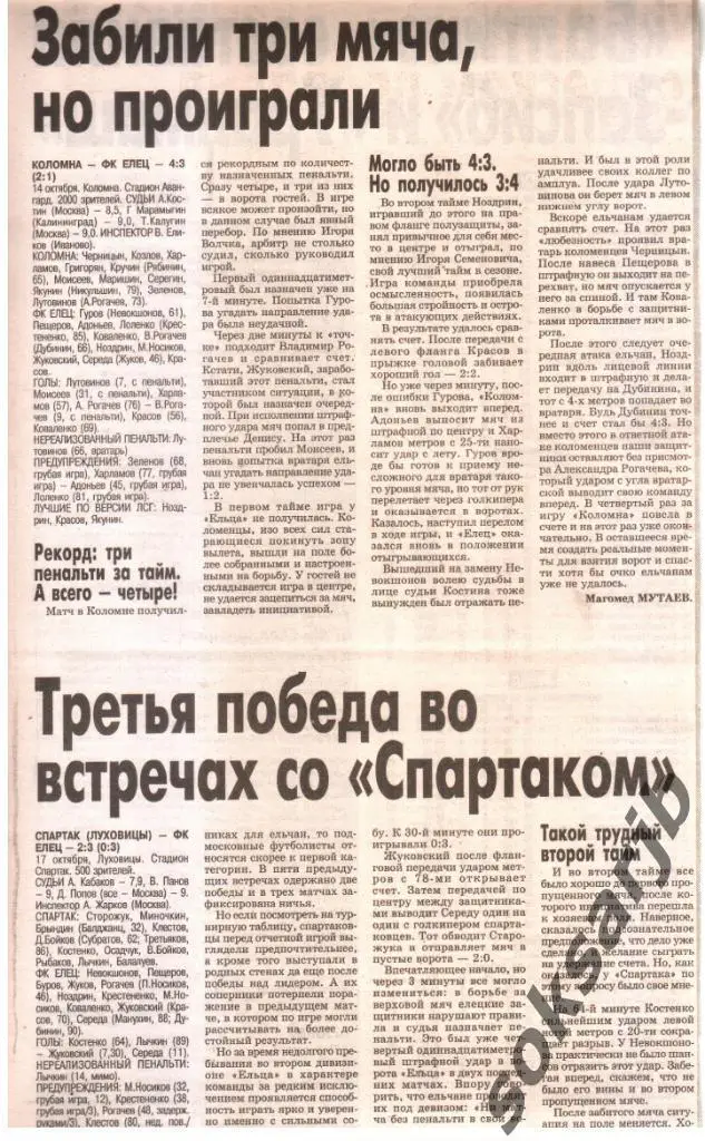 2002. Газетные отчеты ФК Коломна и Спартак Луховицы - ФК Елец.