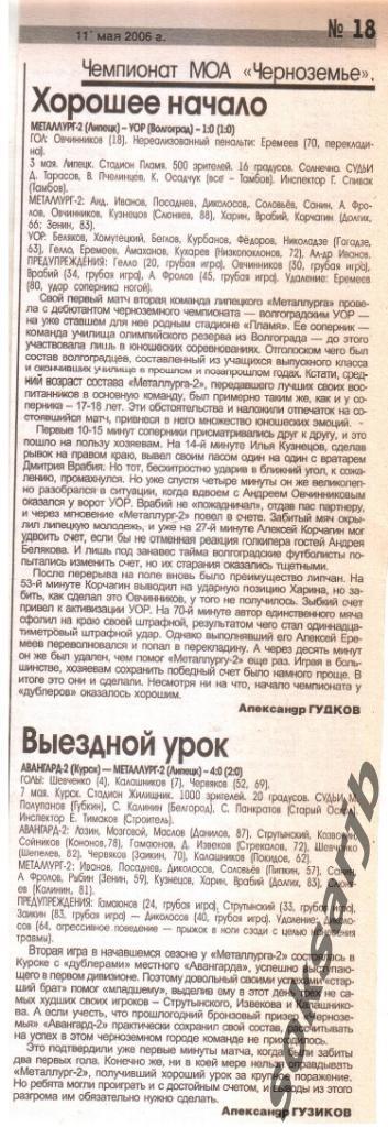 2006. Газетный отчет Металлург-2 Липецк - УОР Волгоград. МОА Черноземье.
