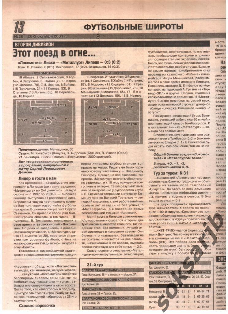 2001. Газетный отчет Локомотив Лиски - Металлург Липецк
