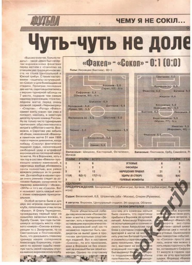 2001. Газетный отчет Факел Воронеж - Сокол Саратов