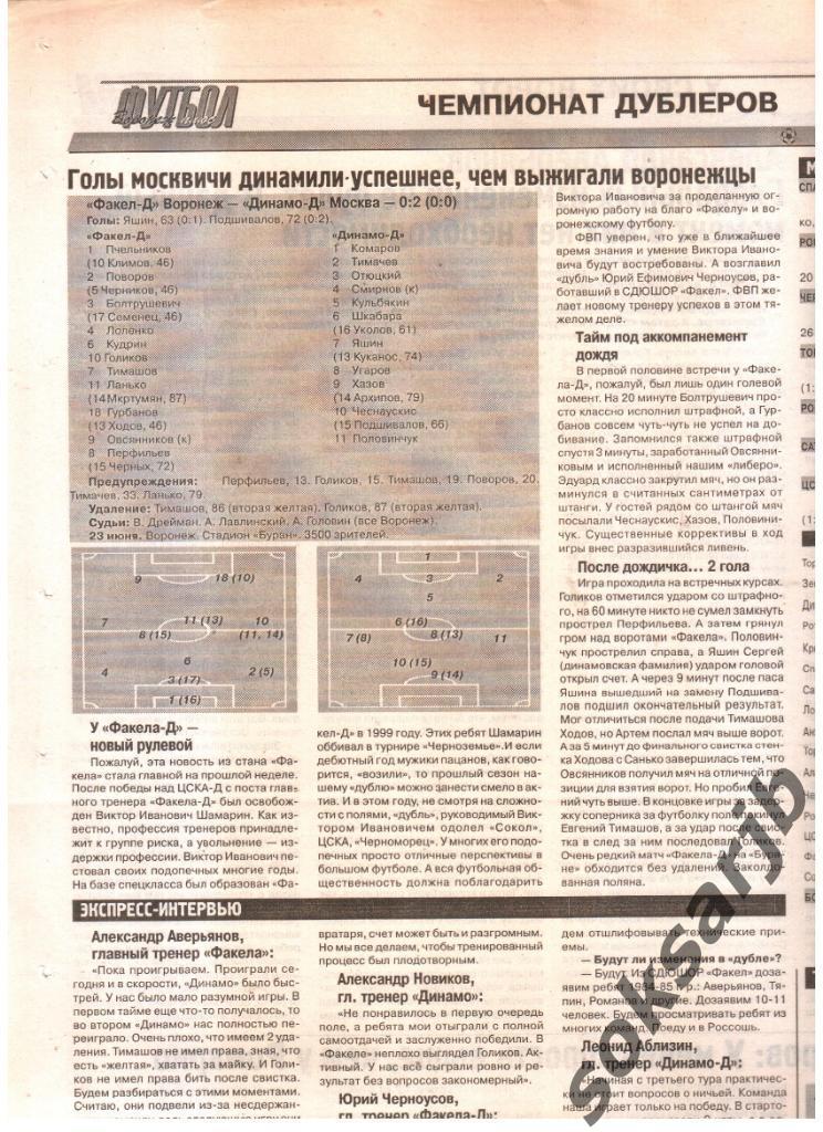 2001. Газетный отчет Факел-Д Воронеж - Динамо-Д Москва
