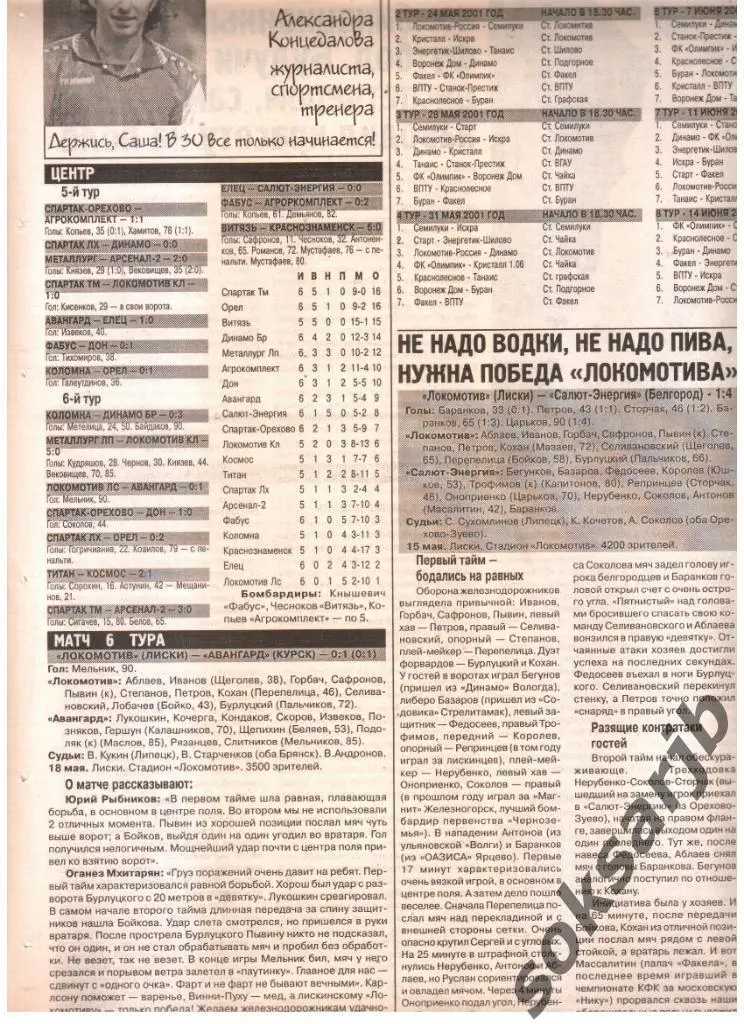 2001. Два газетных отчета Локомотив Лиски - Авангард Курск и Салют-Энергия Белг