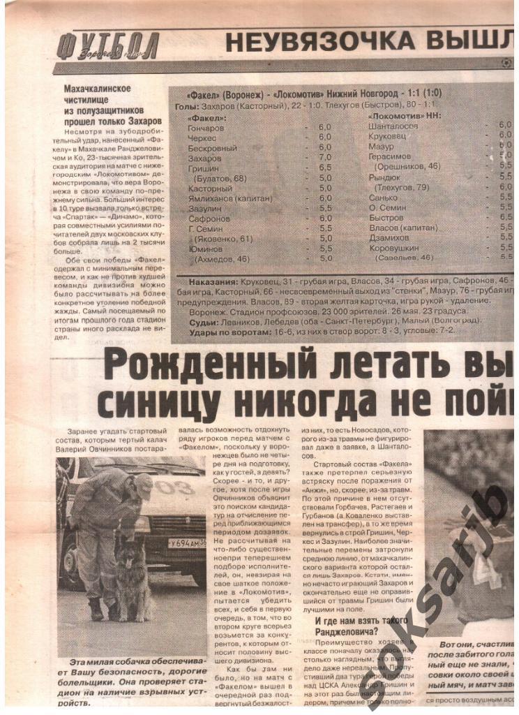 2000. Газетный отчет Факел Воронеж - Локомотив Нижний Новгород