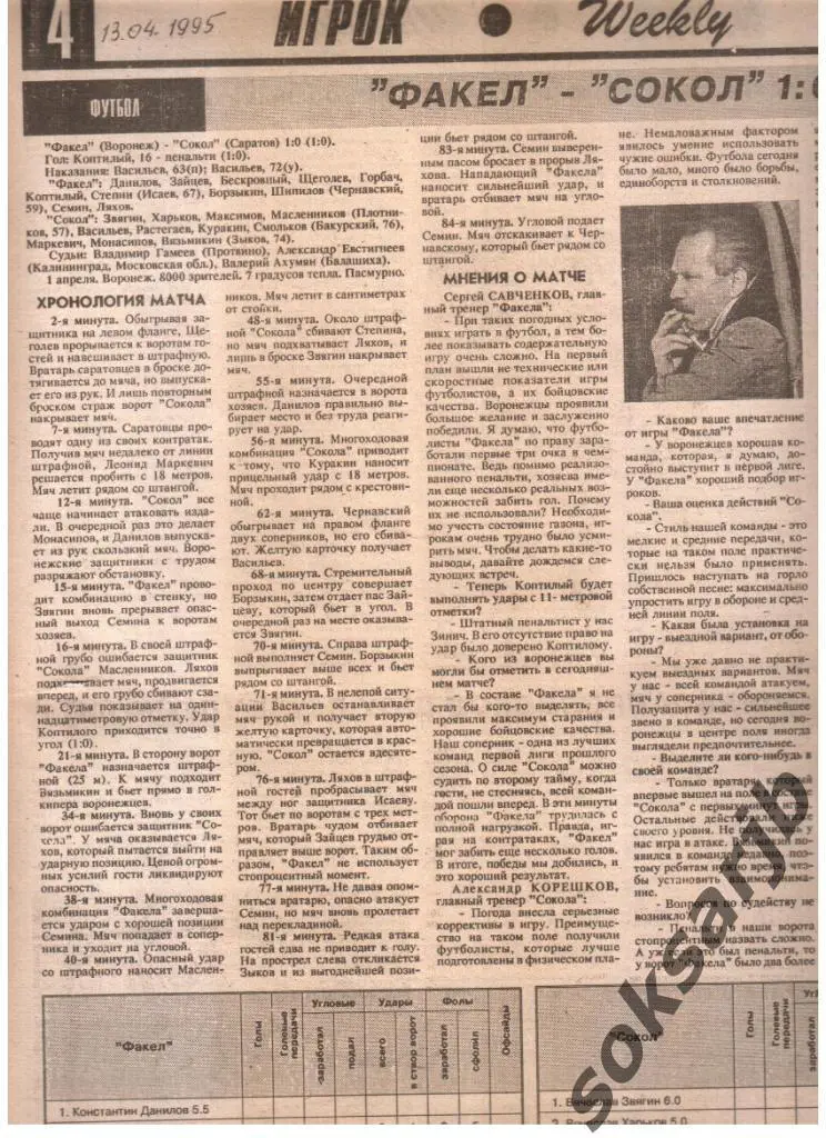 1995. Газетный отчет Факел Воронеж - Сокол Саратов. На обороте еще один отчет.
