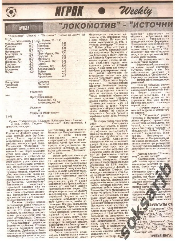 1995. Газетный отчет Локомотив Лиски - Источник Ростов-на-Дону.