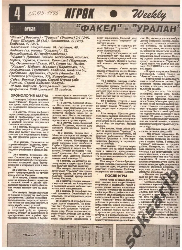1995. Газетный отчет Факел Воронеж - Уралан Элиста.