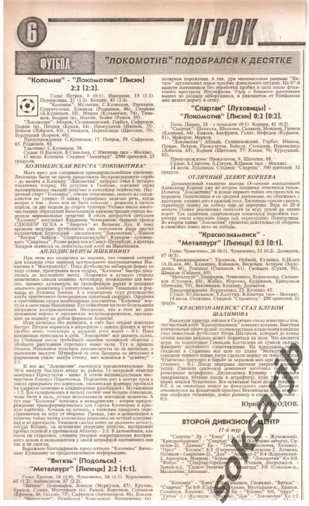 2001.4 газетных отчета ФК Коломна-Локомотив Лиски, Витязь Подольск-Металлург Лп
