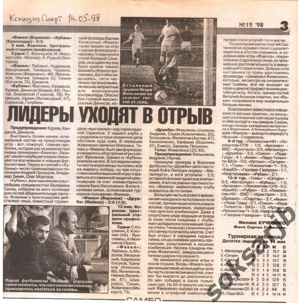 1998. два газетных отчета Факел Воронеж - Кубань Краснодар и Дружба Майкоп.