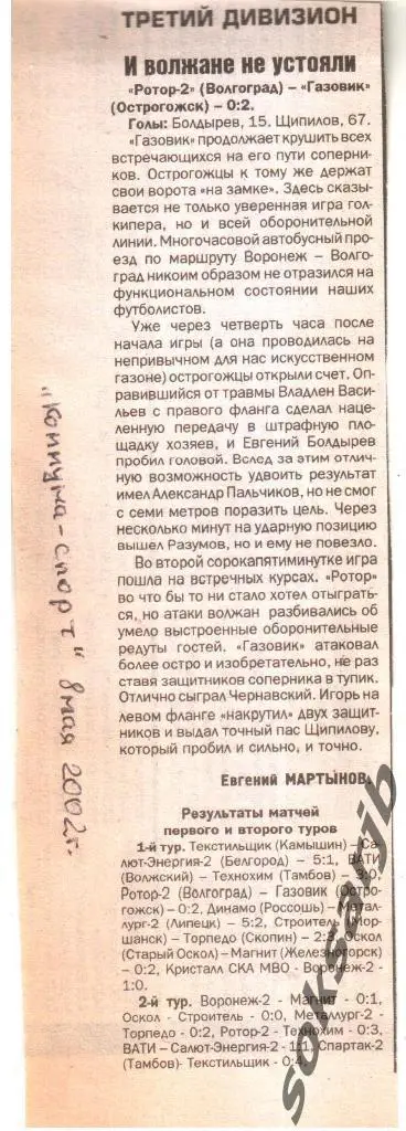 2002. Газетный отчет Ротор-2 Волгоград - Газовик Острогожск.