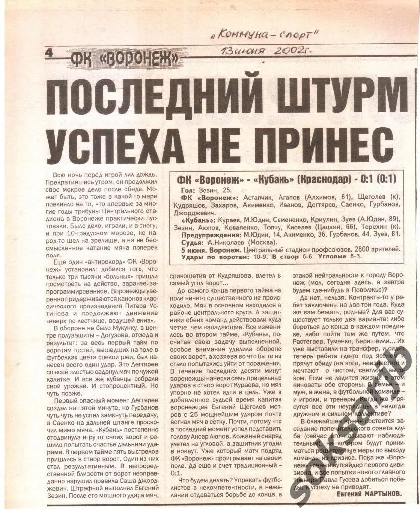 2002. Газетный отчет ФК Воронеж - Кубань Краснодар.