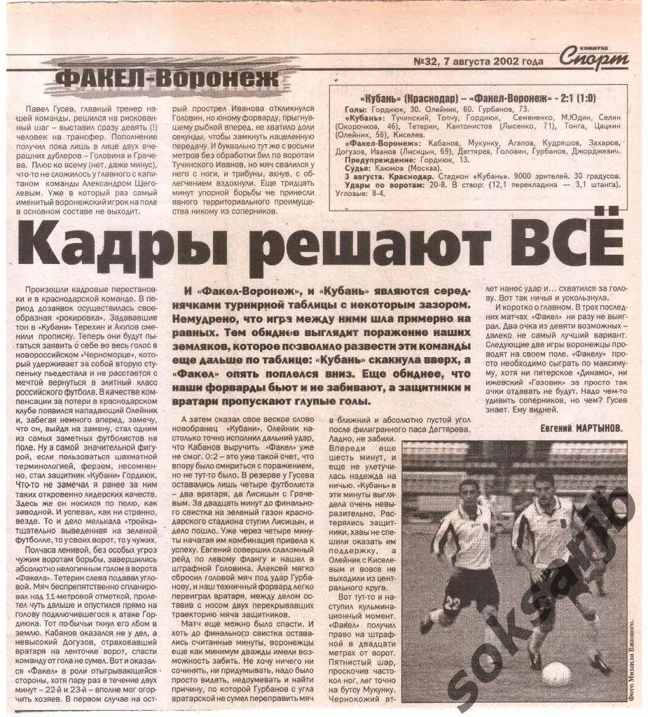 2002. Газетный отчет Кубань Краснодар - Факел-Воронеж.