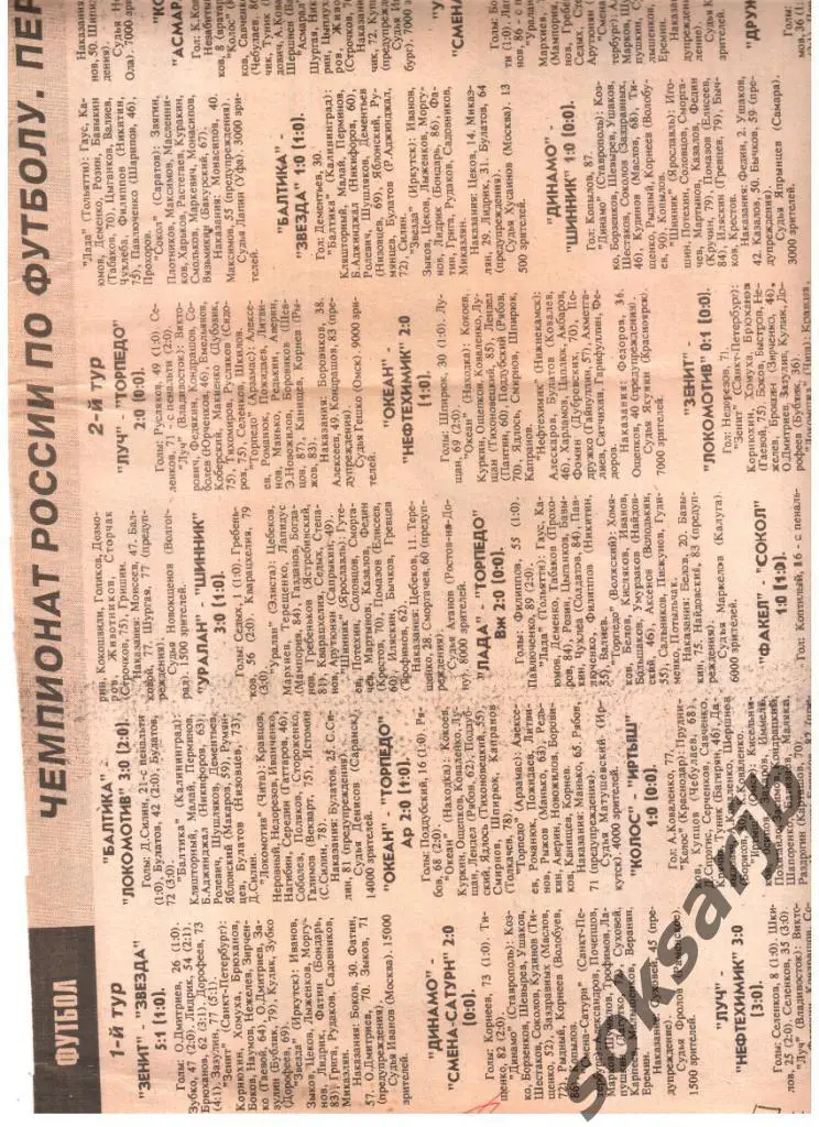 1995. Газетный отчет игр 1-го тура Первой лиги.