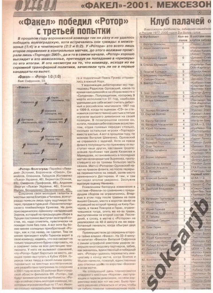 2001. Газетный отчет Факел Воронеж - Ротор Волгоград.