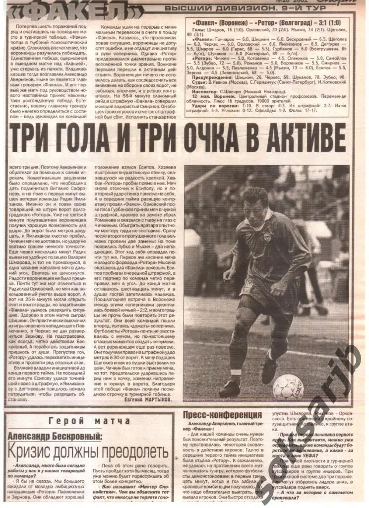 2001. Газетный отчет Факел Воронеж - Ротор Волгоград