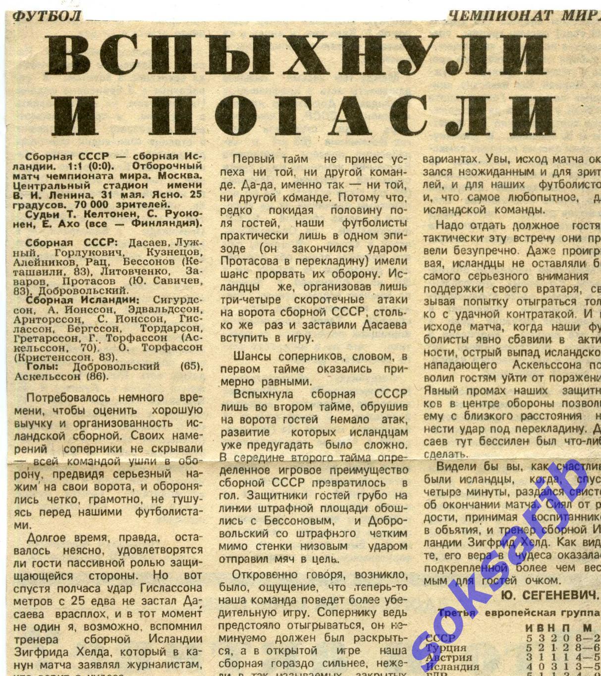 1989.05.31. Газетный отчет СССР - Исландия. Отборочный матч ЧМ.