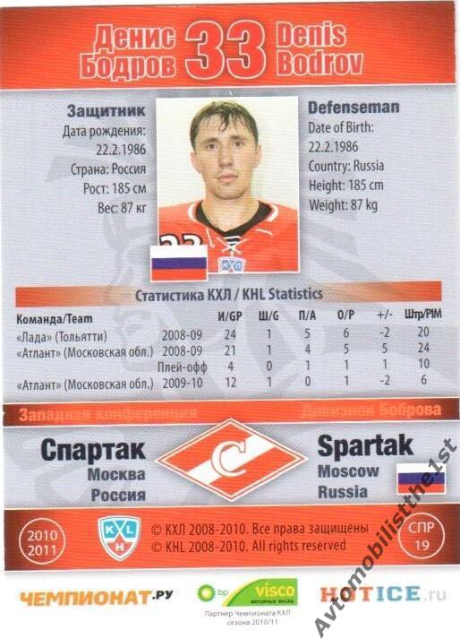 Карточка SeReal КХЛ 2010-2011: СПАРТАК МОСКВА №СПР-19-g Денис Бодров 1