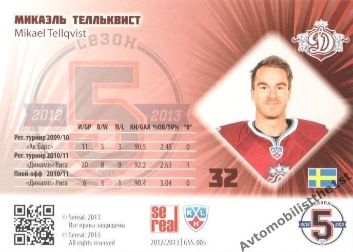 Карточка SeReal КХЛ 2012-2013: №G5S-005 ДИНАМО РИГА Микаэль Телльквист 1