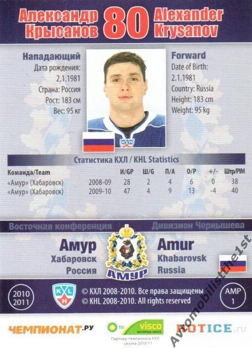 Карточка SeReal КХЛ 2010-2011: АМУР ХАБАРОВСК №АМР-01-s Александр Крысанов 1