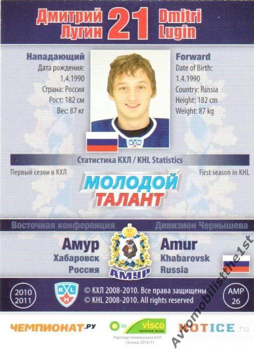 Карточка SeReal КХЛ 2010-2011: АМУР ХАБАРОВСК №АМР-26-g Дмитрий Лугин 1