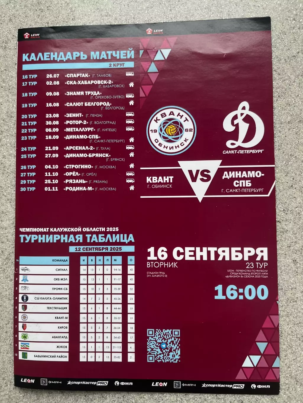 ФК Квант Обнинск- Динамо Санкт-Петербург 16.09.2025
