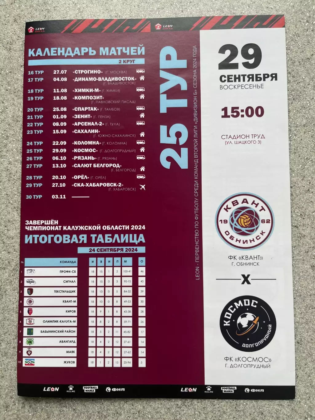 ФК Квант Обнинск - Космос Долгопрудный 29.09.2024