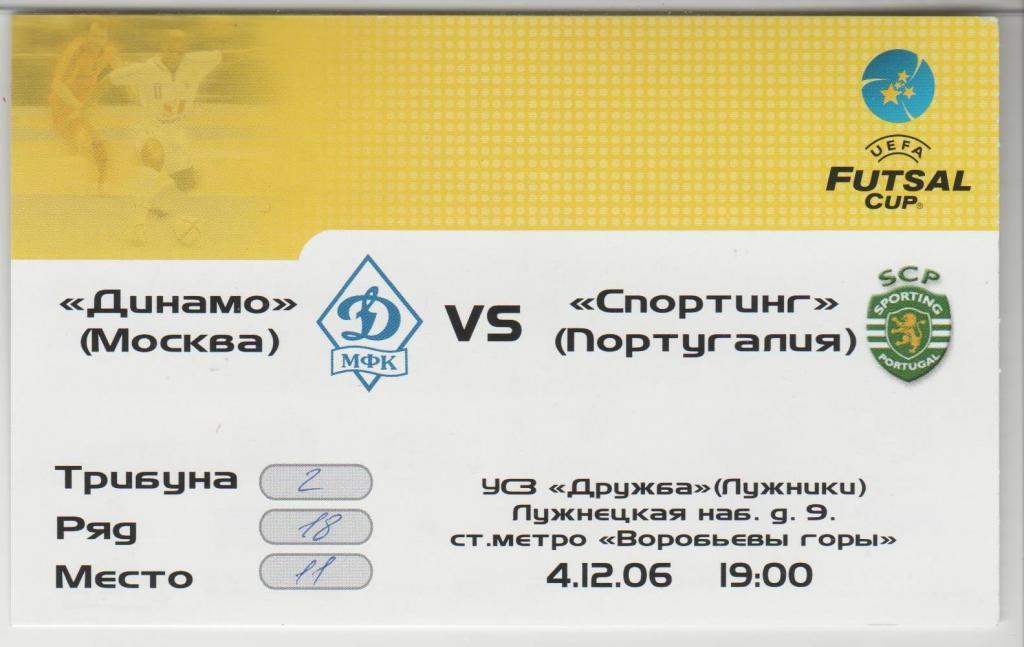 Билет Динамо Москва Россия - Спортинг Португалия 04.12.2006 Футзал