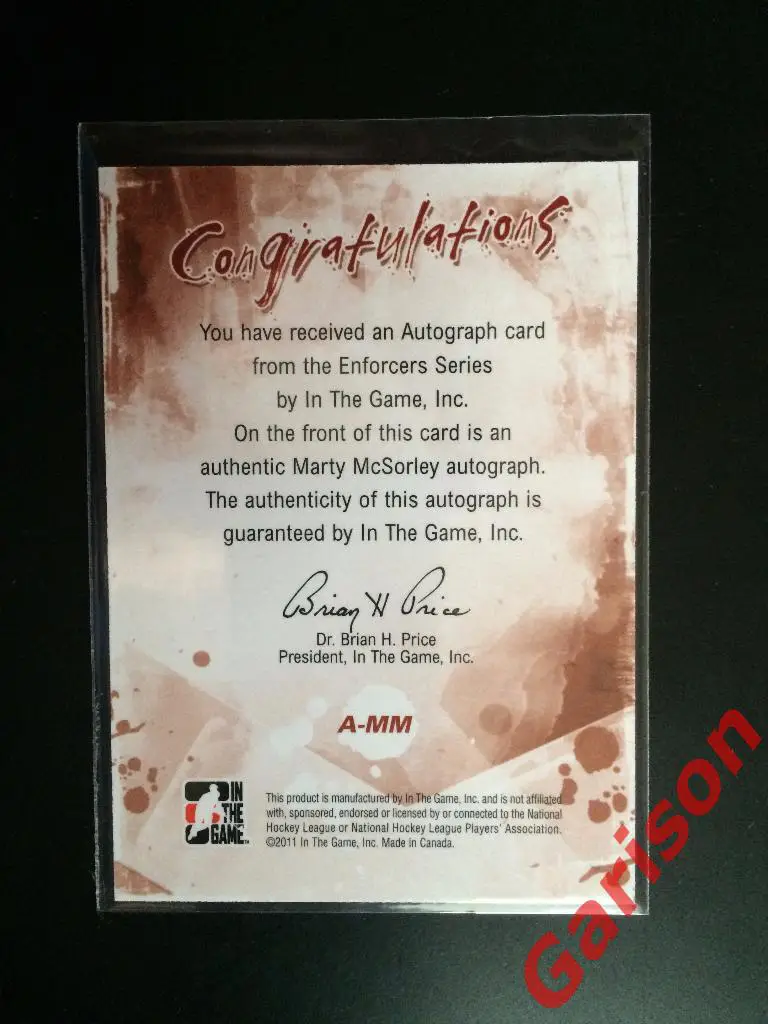 Карточка Marty McSorley сертифицированный Autograph ITG Enforcers 1