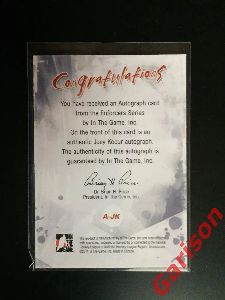 Карточка Joey Kocur сертифицированный Autograph ITG Enforcers 1