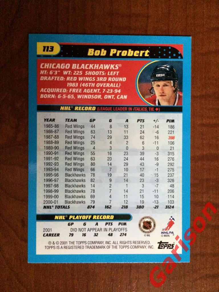 Карточка Bob Probert производитель topps 1