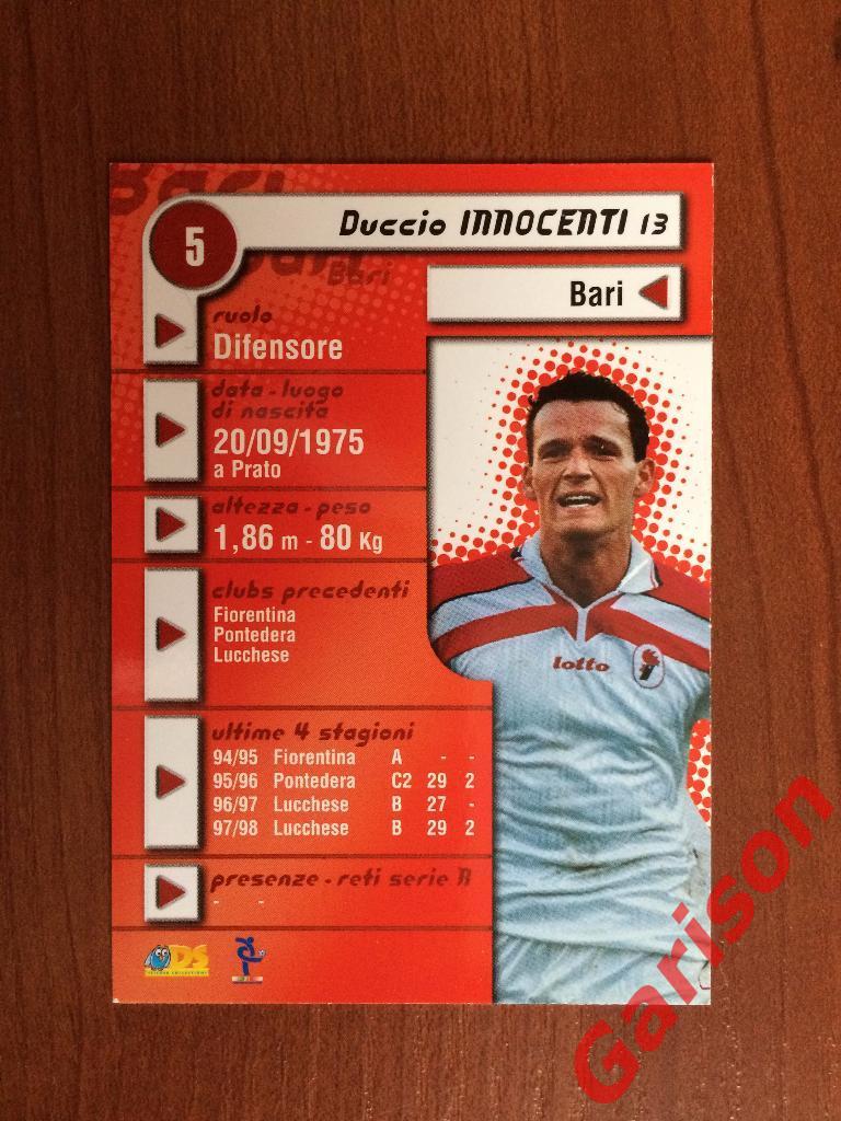 Карточка Duccio Innocenti Bari Италия серия DS Pianeta Calcio 1998-1999 1