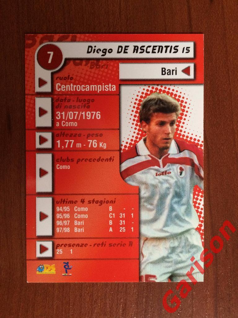 Карточка Diego De Ascentis Bari Италия серия DS Pianeta Calcio 1998-1999 1