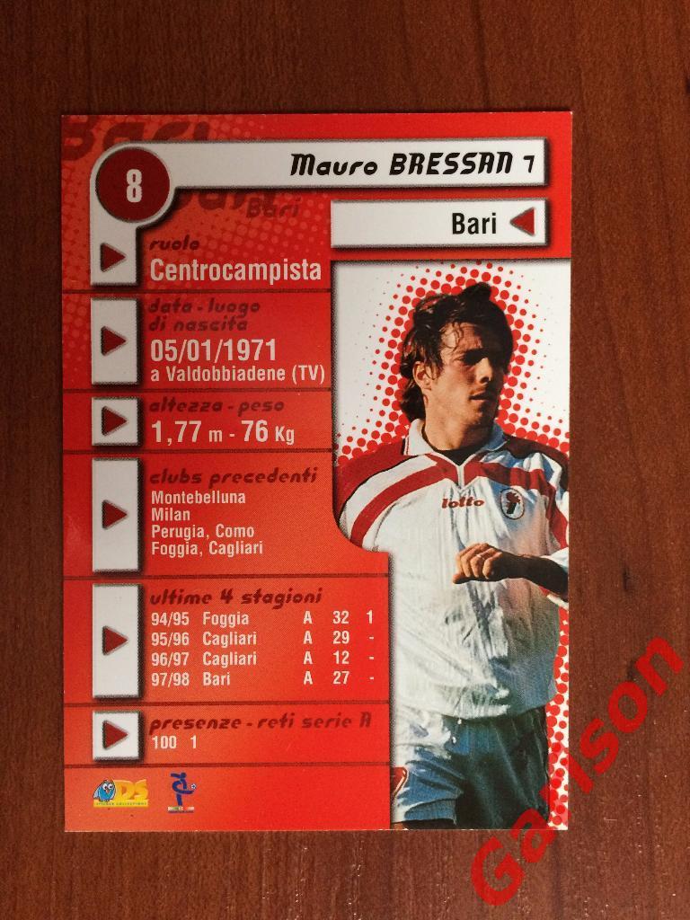 Карточка Mauro Bressan Bari Италия серия DS Pianeta Calcio 1998-1999 1