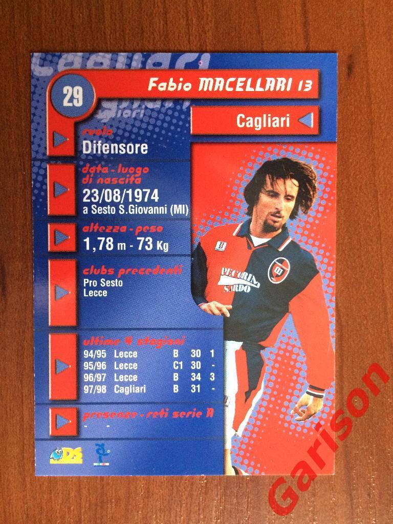 Карточка Fabio Macellari Cagliari Италия серия DS Pianeta Calcio 1998-1999 1