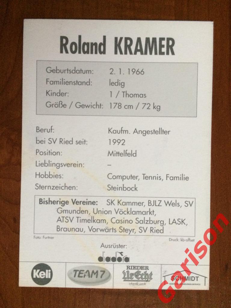 Автограф Roland Kramer на клубной открытке ФК Рид Австрия размер 105мм*150мм 1
