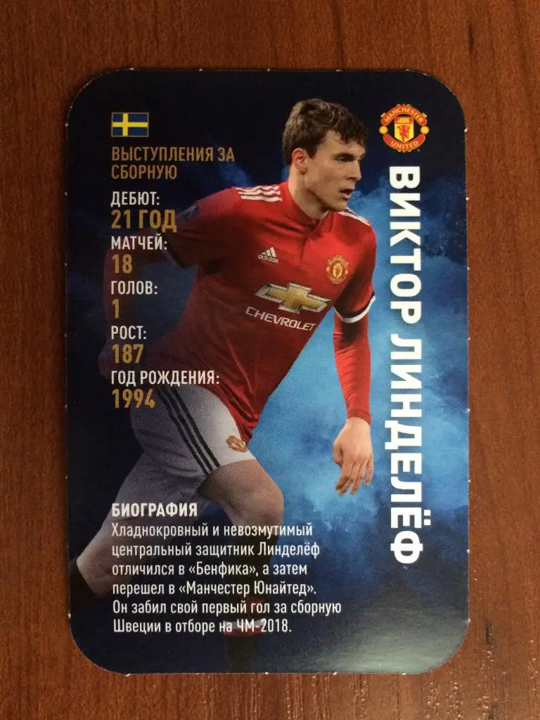 Карточка Виктоьр Линделеф МЮ TOP TRUMPS Звёзды мирового футбола 2018