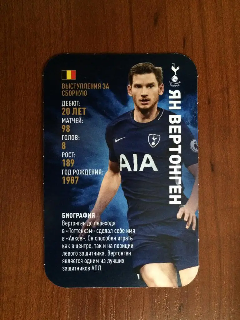 Карточка Ян Вертонген Тоттенхэм TOP TRUMPS Звёзды мирового футбола 2018