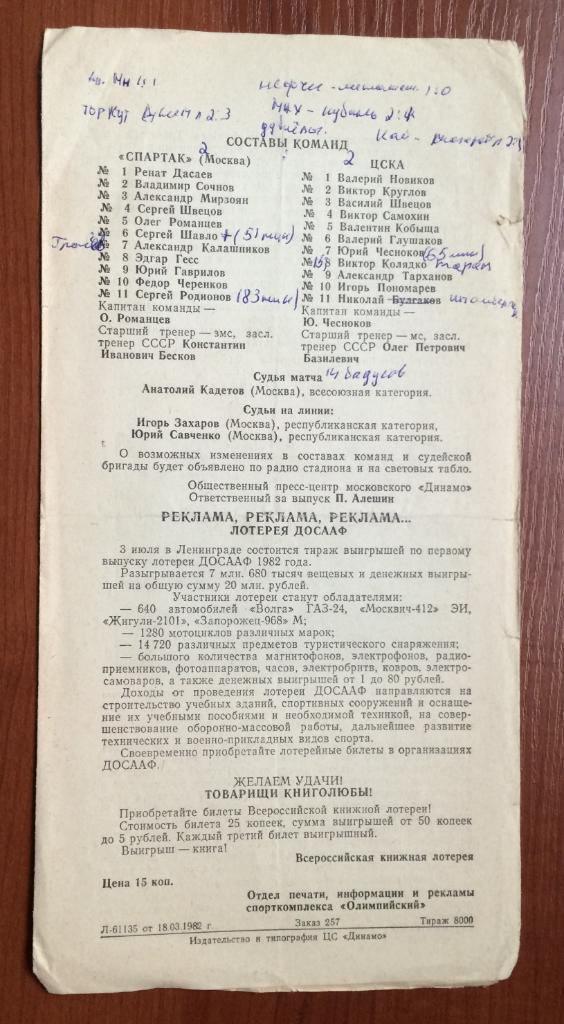 Программа Спартак Москва - ЦСКА Москва 06.04.1982 год 1