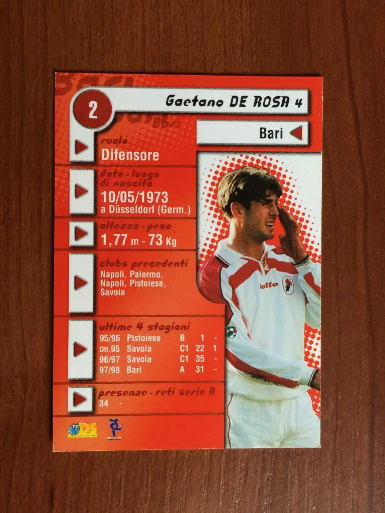 Карточка Gaetano De Rosa Bari Италия серия DS Pianeta Calcio 1998-1999 № 2 1