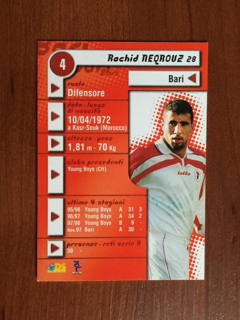 Карточка Rachid Neqrou Bari Италия серия DS Pianeta Calcio 1998-1999 № 4 1