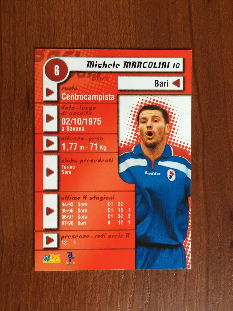Карточка Michele Marcolini Bari Италия серия DS Pianeta Calcio 1998-1999 № 6 1