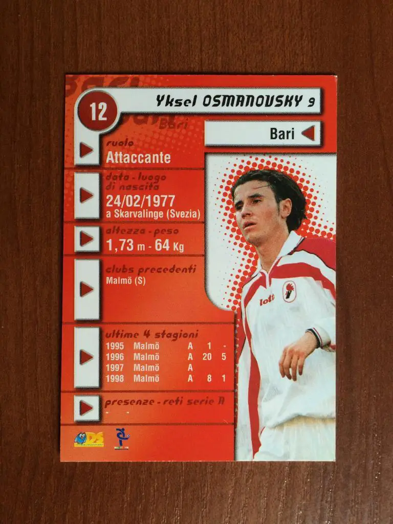 Карточка Yksel Osmanovsky Bari Италия серия DS Pianeta Calcio 1998-1999 № 12 1