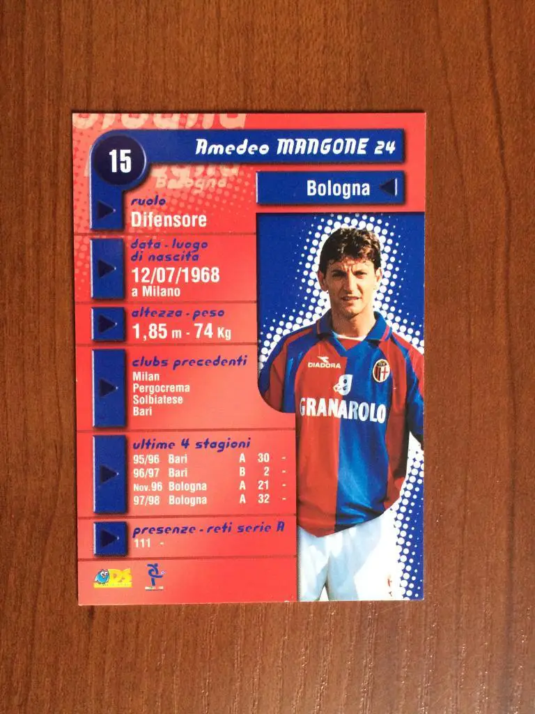 Карточка Amedeo Mangone Bologna серия DS Pianeta Calcio 1998-1999 № 15 1