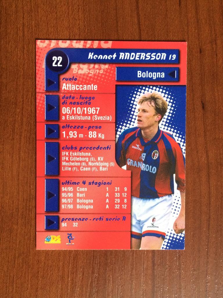 Карточка Kennet Andersson Bologna серия DS Pianeta Calcio 1998-1999 № 22 1