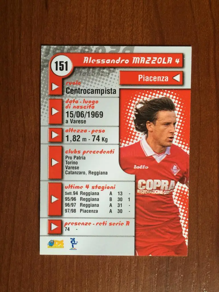 Карточка Sandro Mazzola Piacenza серия DS Pianeta Calcio 1998-1999 № 151 1